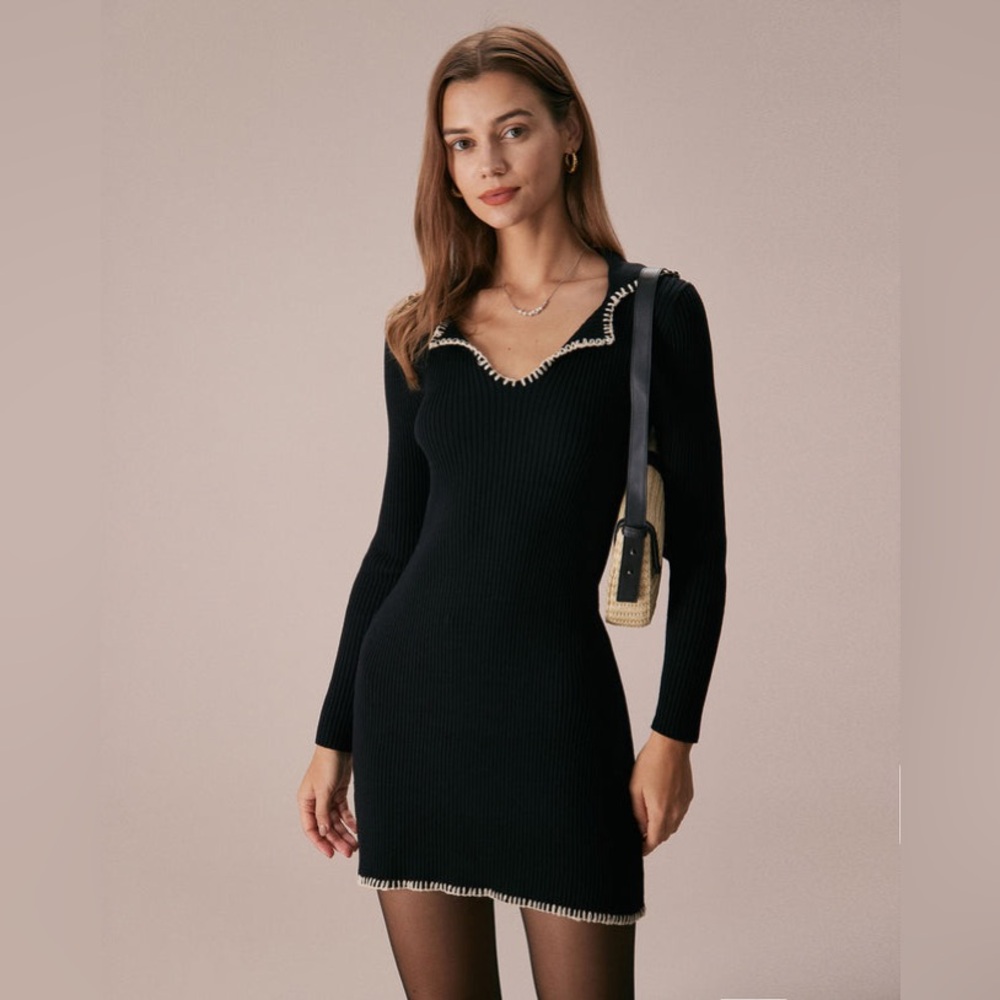 Rihoas Black Contrast Stitch Sweater Mini Dress size small